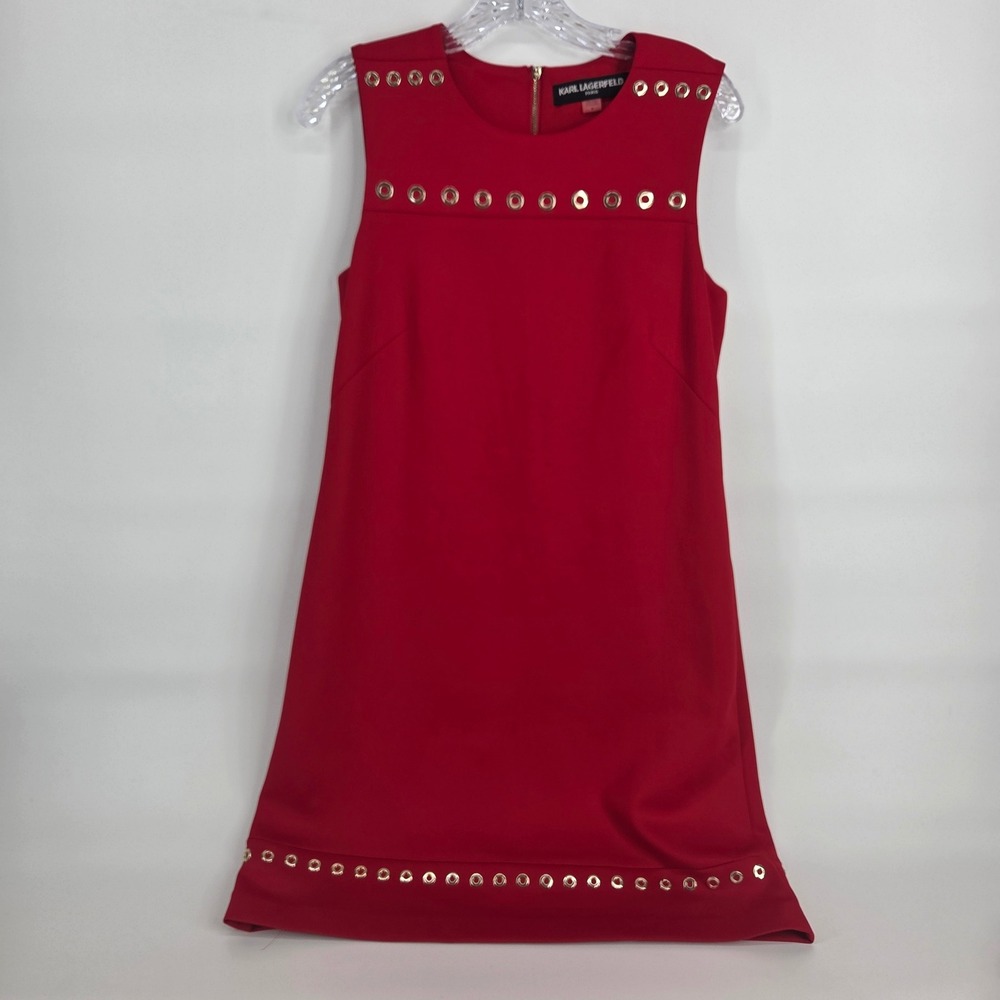Karl Lagerfeld Paris Dress 8 Red Grommet Sleeveless Mod Chic Contemporary Edgy